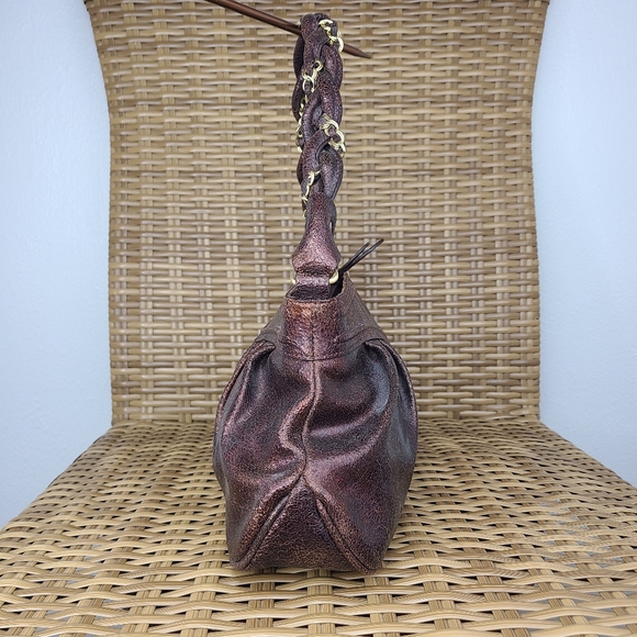 Elliott Lucca Bag Shoulder Handbag Leather Distressed Maroon Gold Hardware Braid - Picture 6 of 15
